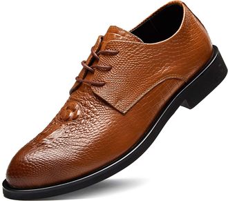Generic Oxford Shoes for Men Lace Up Crocodile Embossed Burnished Toe Derby Shoes Leather Rubber Sole Low Top Anti-Slip Non Slip Resistant Prom(Brown,10.5 UK)