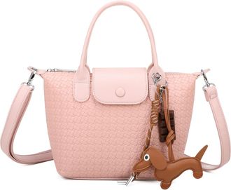 Generic Womens Woven Textured Grab Bag with Detachable Dog Charm, Adjustable Crossbody Strap, Silver Hardware, Black (Pink)