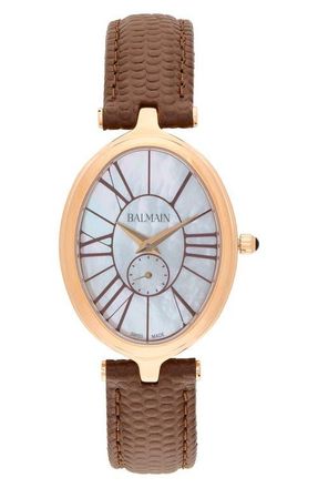 Balmain Haute Elegance Oval Leather Strap Watch, 26mm x 32mm in Yellow Gold Brown at Nordstrom