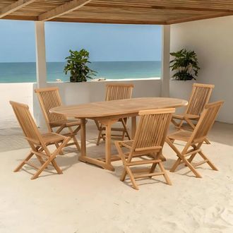 Wanda Collection Conjunto De Jard&iacute;n De Teca Maciza Mesa Oval Extensible Y 6 Sillas Plegables