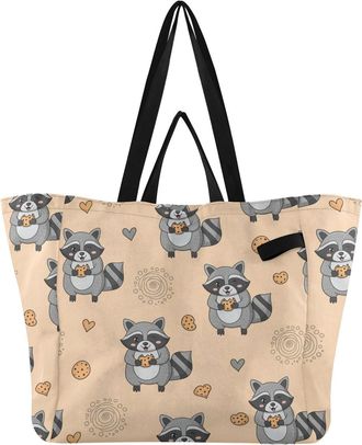 Generic Raccoon Beige Hearts pattern Reusable Canvas Tote Bag, Heavy Duty Grocery Shopping Bag with Double Handles Hard Bottom Large Capacity Work Groceries T