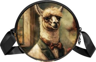 Generic Circle Crossbody Bag for Women, Vintage Alpaca Pattern Small Sling Bag Daypack with Zipper Adjustable Shoulder Straps Casual Ladies Girls Round Purse