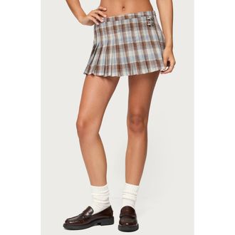 Edikted Tracy Plaid Pleated Miniskirt in Blue/Brown at Nordstrom, Size X-Small