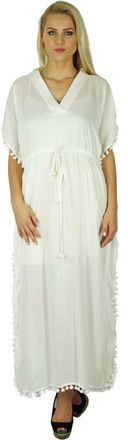 Bimba Womens Long Printed Kaftan Soft Modal Cotton Beachwear Cover Ups Maxi Dress Kaftan White