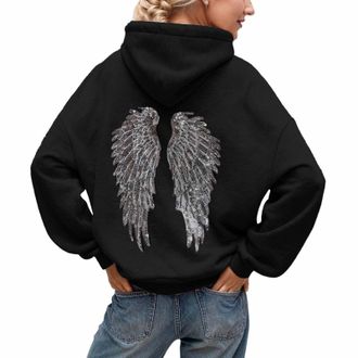 Generic Womens Y2K Sequin Angel Wings Hoodies Oversized Long Sleeve Jumpers Retro Futuristic Ladies Sweatshirt with Baggy Fit