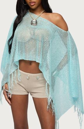 Edikted Sequin Fringe Knit Poncho in Light-Blue at Nordstrom, Size X-Large