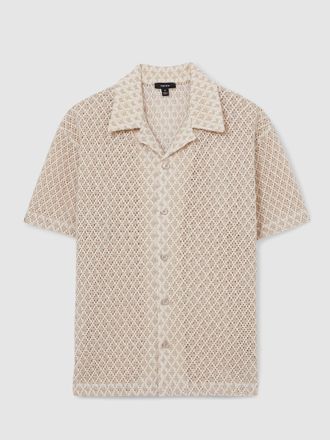 Reiss Oatmeal Crochet Cuban-collar Shirt, M