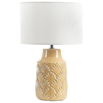 Beliani Beliani - L&aacute;mpara De Mesa De Cer&aacute;mica Lino Blanco 43 Cm Base Pantalla Tela Amarillo Balao