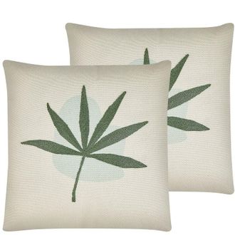 Beliani Conjunto De 2 Cojines Decorativos Verde Algod&oacute;n Poli&eacute;ster Patr&oacute;n De Hojas Bordadas 45 X 45 Cm Sala De Estar Dormitorio Boho Davallia