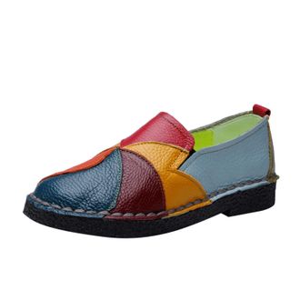 Generic Womens Low Shoes with Coloured Patchwork, Non-Slip Slip-On Leather Shoes - Closed Round Toe Moccasins - Soft Rubber Sole Casual Sandals - Loafers Leat