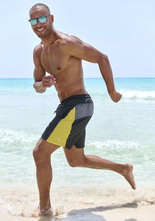 H.I.S Badeshorts H.I.S, Herren, Gr. XXL (58/60), N-Gr, schwarz (schwarz, gelb), Microfaser, Recycling-Polyester, unifarben mit Farbeins&auml;tzen, Badehosen Bade