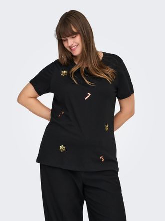 Only Carmakoma Kurzarmshirt ONLY CARMAKOMA CARXMAS HOLIDAY O-NECK SS REG TEE JRS, Damen, Gr. M, schwarz print:christmas sequins mix, Jersey, Obermaterial: 100% Baumw
