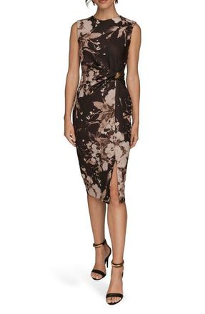 DKNY Poly Floral Print Cap Sleeve Midi Dress in Fawn Multi at Nordstrom, Size 12