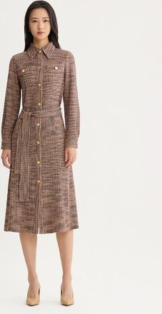 Misook Belted Button Front Tweed Knit Midi Dress in Charmeuse/biscotti/black at Nordstrom, Size Xx-Large