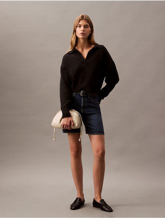 Calvin Klein Womens Smooth Cotton Cropped Polo Sweater - Black - XS