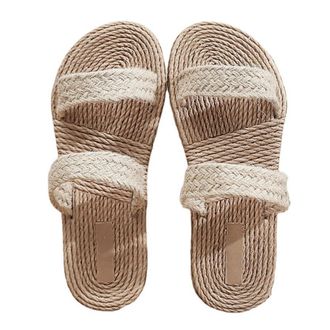 SOLUSTRE PLAFOPE WomenS Flat Straw Sandals with Woven Sole, Beige Beach Slippers for Summer, Lightweight Open Toe Slides for Casual Outdoor Wear