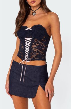 Edikted Lace Corset Strapless Top in Navy at Nordstrom, Size X-Large