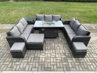 Fimous Outdoor Rattan Furniture Garden Dining Set Gas Fire Pit Table With Side Table Lounge Sofa 3 Footstool in Dark Grey
