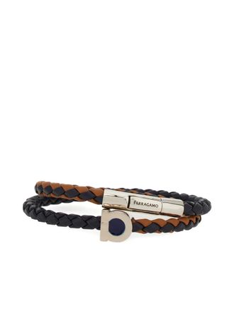 Ferragamo two-tone woven Gancini bracelet - men - Brass/glass/Calf Leather - One Size - Black