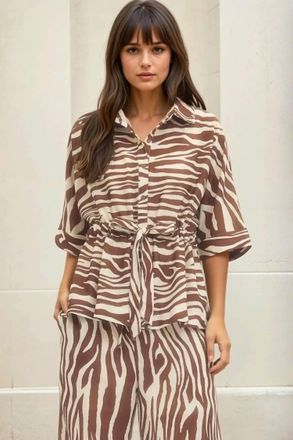 Entro Elizabeth Zebra Print Drawstring Waist Top In Brown