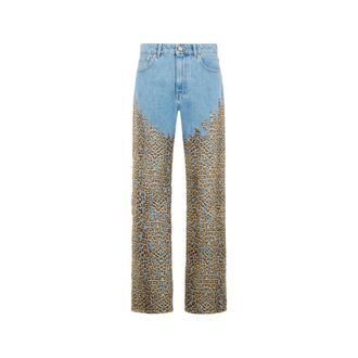 Roberto Cavalli Straight Jeans, female, Blue, Size: L Leopard-print Five-pocket Jeans