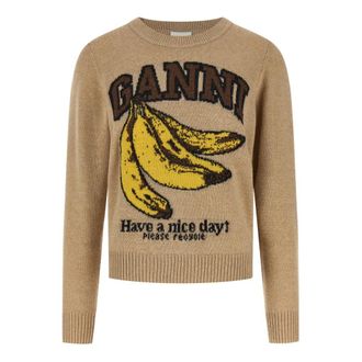 Ganni Banana Graphic Sweater - Dames - Ronde hals truien - Beige - XS - Wol - Truien & Vesten