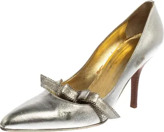 Roberto Cavalli Silver Leather Slip On Pointed Toe Pumps