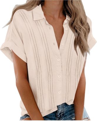 Generic Ladies Summer Tops 2025 Shirts for Women UK Causal Fashion Pleated Button Down Blouse Tee Slim Fit Short Sleeve Solid Beige M
