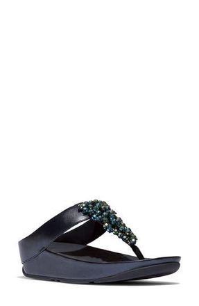 FitFlop Rumba Iridescent Beaded Post Toe Wedge Sandal in Metallic Midnight Navy at Nordstrom Rack, Size 10