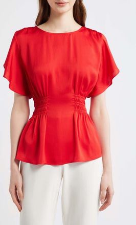 Anne Klein Flutter Sleeve Smocked Waist Top in Begonia Red at Nordstrom, Size Xx-Large