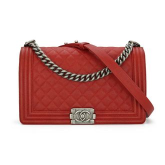Chanel Red Caviar Leather Medium Boy Bag