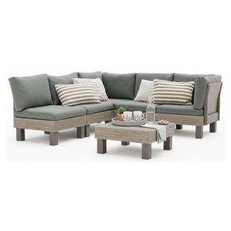 Dmora Set Sala Exterior Kendrick, Sof&aacute; Exterior 5 Plazas, Mesa Peque&ntilde;a, Modular Resistente Uv, Impermeable, Marr&oacute;n Nogal