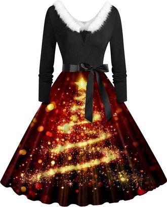 Generic Christmas Dresses for Women UK, Ladies Dresses Womens for Special Occasions Little Black Dress Women Santa Outfit Costume Long Sleeve Santa Print Ladi