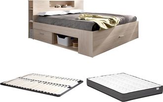 Vente-Unique Cama con cabecero con compartimentos y cajones - 160 x 200 cm - Color: natural + Somier + colch&oacute;n - LEANDRE