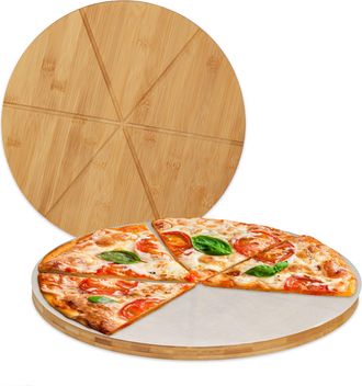 Relaxdays Relaxdays - Set 16 Tablas Para Pizza, Plato Cortar Y Servir Pan, Ranuras, Redondo, &Oslash;33cm, 400 L&aacute;minas Papel Horno, Bamb&uacute;, Natural