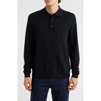 BOSS Diluigi Long Sleeve Virgin Wool Blend Polo Sweater in Black at Nordstrom, Size X-Large