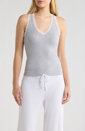 Open Edit Daydream Rib Lace Trim Tank in Grey Heather at Nordstrom, Size X-Small