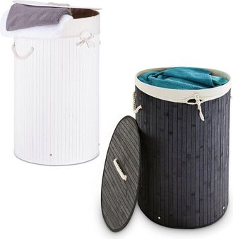 Relaxdays Relaxdays - 2x Laundry Baskets, Bamboo Clothes Separator System, Hamper, 80L, Linen Bag, hwd: 65 x 41 x 41 cm, White/Black