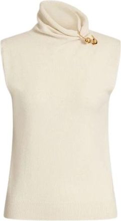 Alberta Ferretti Wol- zijde en kasjmier coltrui met bloemenbroche - Dames - Tops zonder mouwen - Beige - XS - Wol - Tops