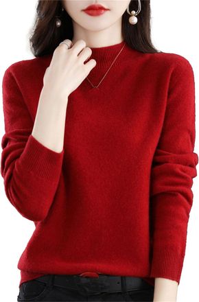 Generic Cashmere Sweaters for Women, 100% Cashmere Long Sleeve Crew Neck Soft Warm Pullover Knit Jumpers Trendy Plus Size (Wine red,2XL)