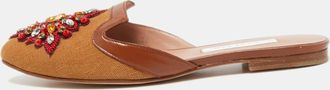 Oscar De La Renta Oscar De La Renta Brown Canvas And Leather Spanish Embellished Flat Mules