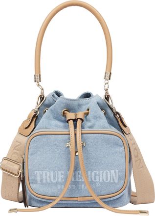 True Religion Bryce Denim & PU Bucket Bag - Womens Designer Drawstring Bucket Handbag with Crossbody Strap (Dark Denim)