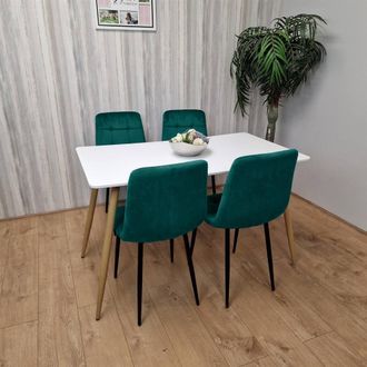 Kosy Koala Wooden White Dining Table Set with 4 Green Velvet Upholstered Chairs