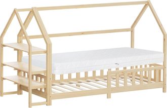 ML Design Ml-design Cama Infantil 90x200cm Natural, Con Colch&oacute;n Al:16cm, Protecci&oacute;n Antica&iacute;da, Techo Y Somier, Listones De Madera De Maciza De Pino Lecho Montes