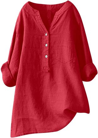 Generic Women Loose Solid Linen Shirt Long Sleeve Button Up Mandarin Collar Top Athletic Short Sleeve Shirt Women Red