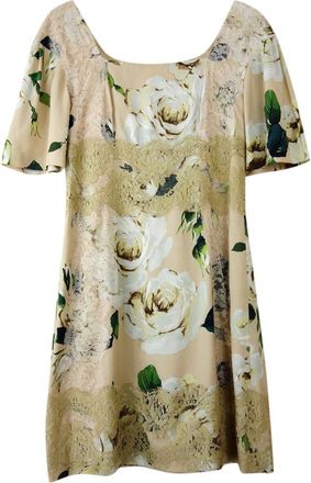 Dolce & Gabbana Beige Floral Print Lace Panelled Shift Dress Size S