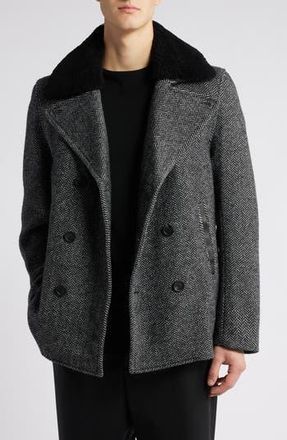 Mackage Cole Genuine Shearling Collar Wool Blend Peacoat in Black-White at Nordstrom Rack, Size 42