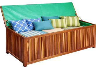 Relaxdays Relaxdays Cassapanca Da Giardino 60x115x50 Cm In Legno Di Acacia, Con Fodera Impermeabile, Cuscini E Attrezzi, Naturale
