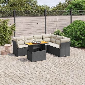 vidaXL Vidaxl - Set De Comedor De Jard&iacute;n 7 Pzas Y Cojines Rat&aacute;n Sint&eacute;tico Negro