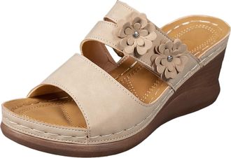 Generic Wedge Sandals For Women Fashion Flower Wedge Retro Round Toe Thick Bottom Fish Mouth Slipper Summer Sandals For Womens 2026 Trendy Dress Shoes (Beige,